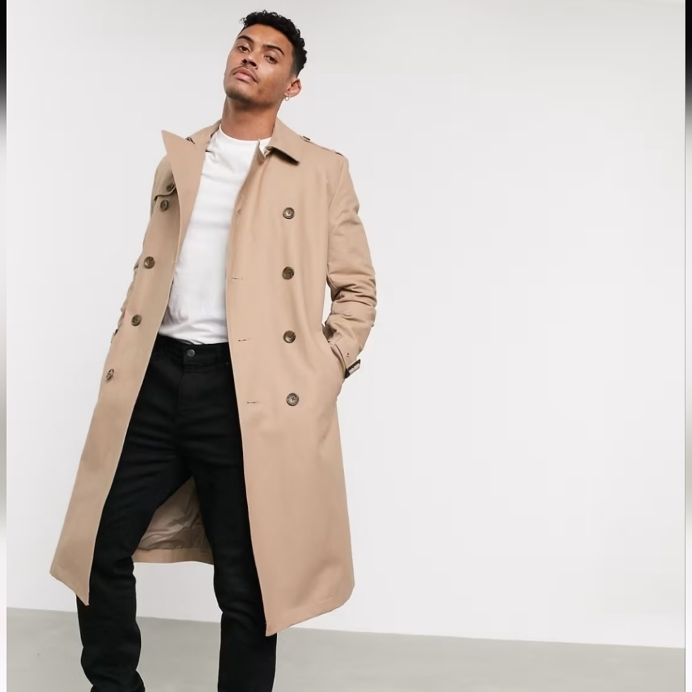 ASOS Classic Double Breasted Belted Trench Coat. Tan Beige Size M Long